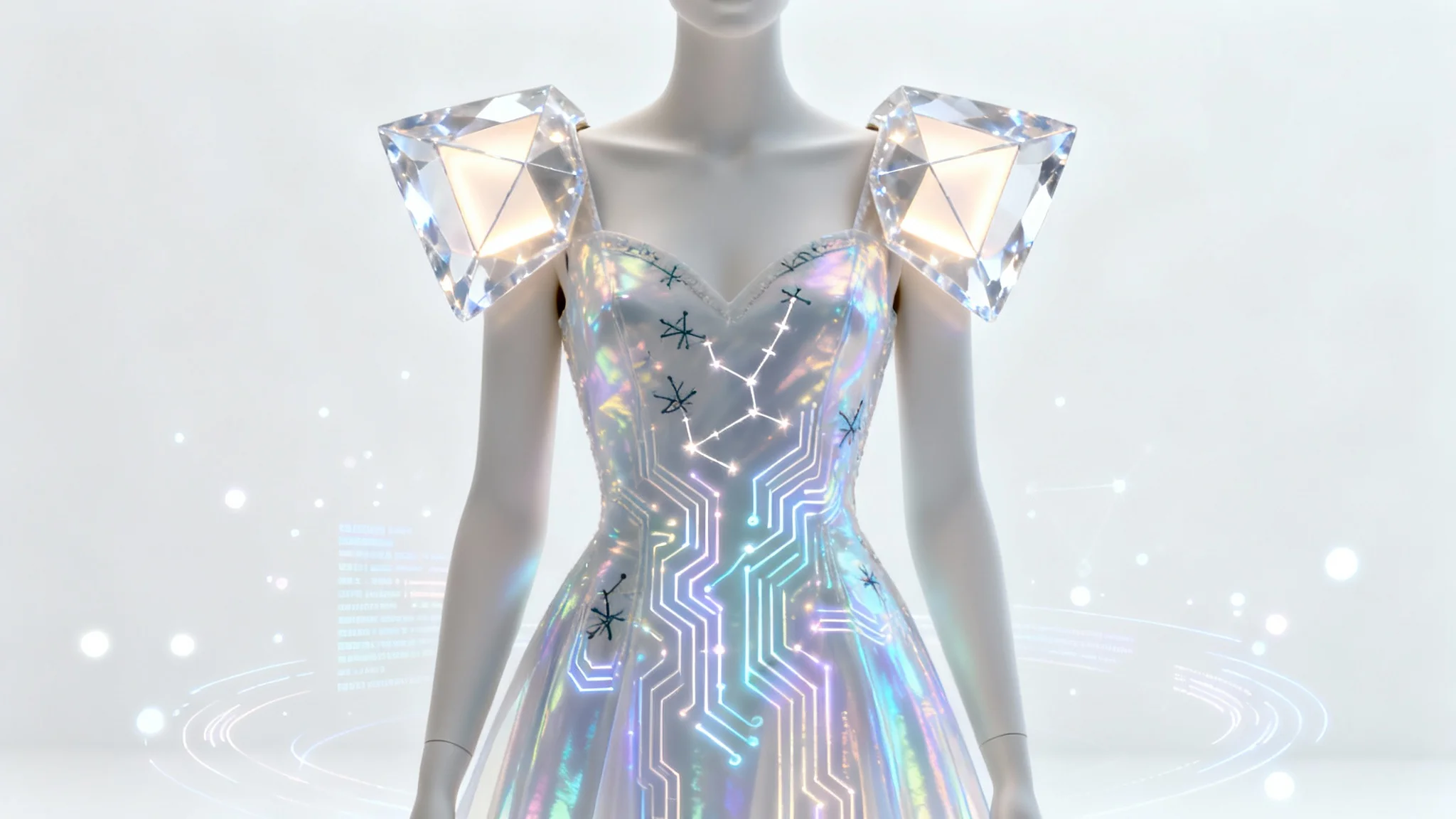 A futuristic digital costume design displayed on a sleek mannequin against a white background. The costume is made of holographic, glowing material with circuit-like patterns, conveying a high-tech, fantasy aesthetic.