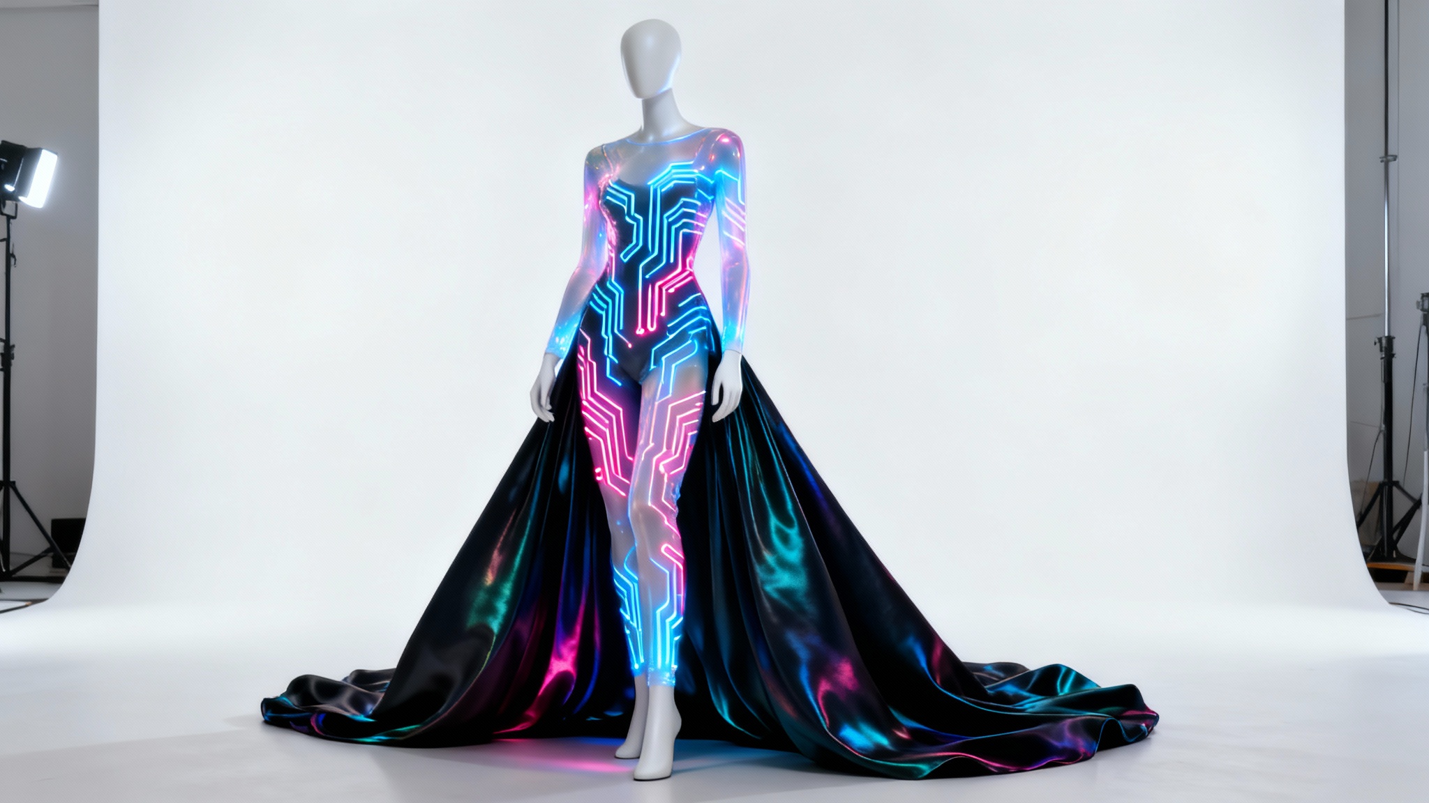 A futuristic costume on a mannequin, featuring a dark silk skirt and a glowing holographic bodice with luminous patterns, set against a plain white background.