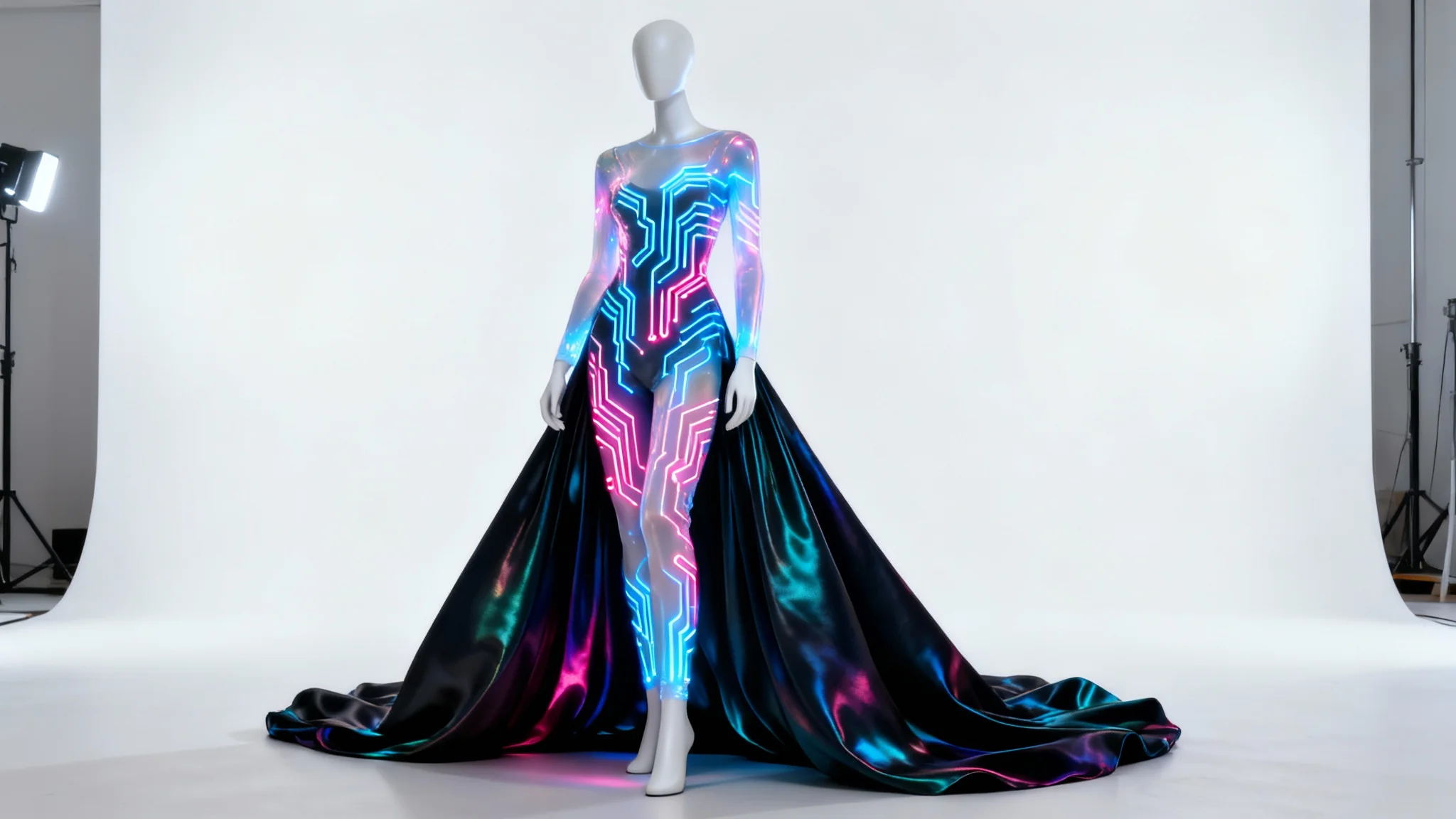 A futuristic costume on a mannequin, featuring a dark silk skirt and a glowing holographic bodice with luminous patterns, set against a plain white background.