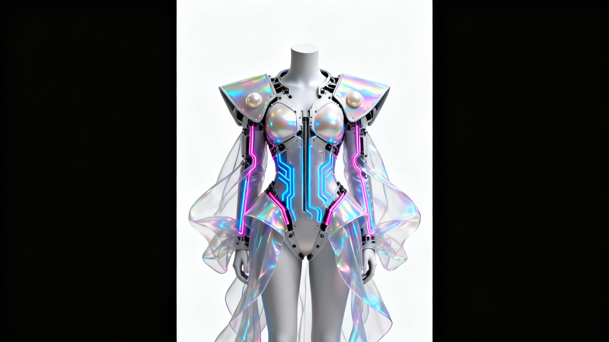A photorealistic 3D render of a futuristic costume on a mannequin against a white background, showcasing the power of digital costume design with iridescent panels and glowing circuits.