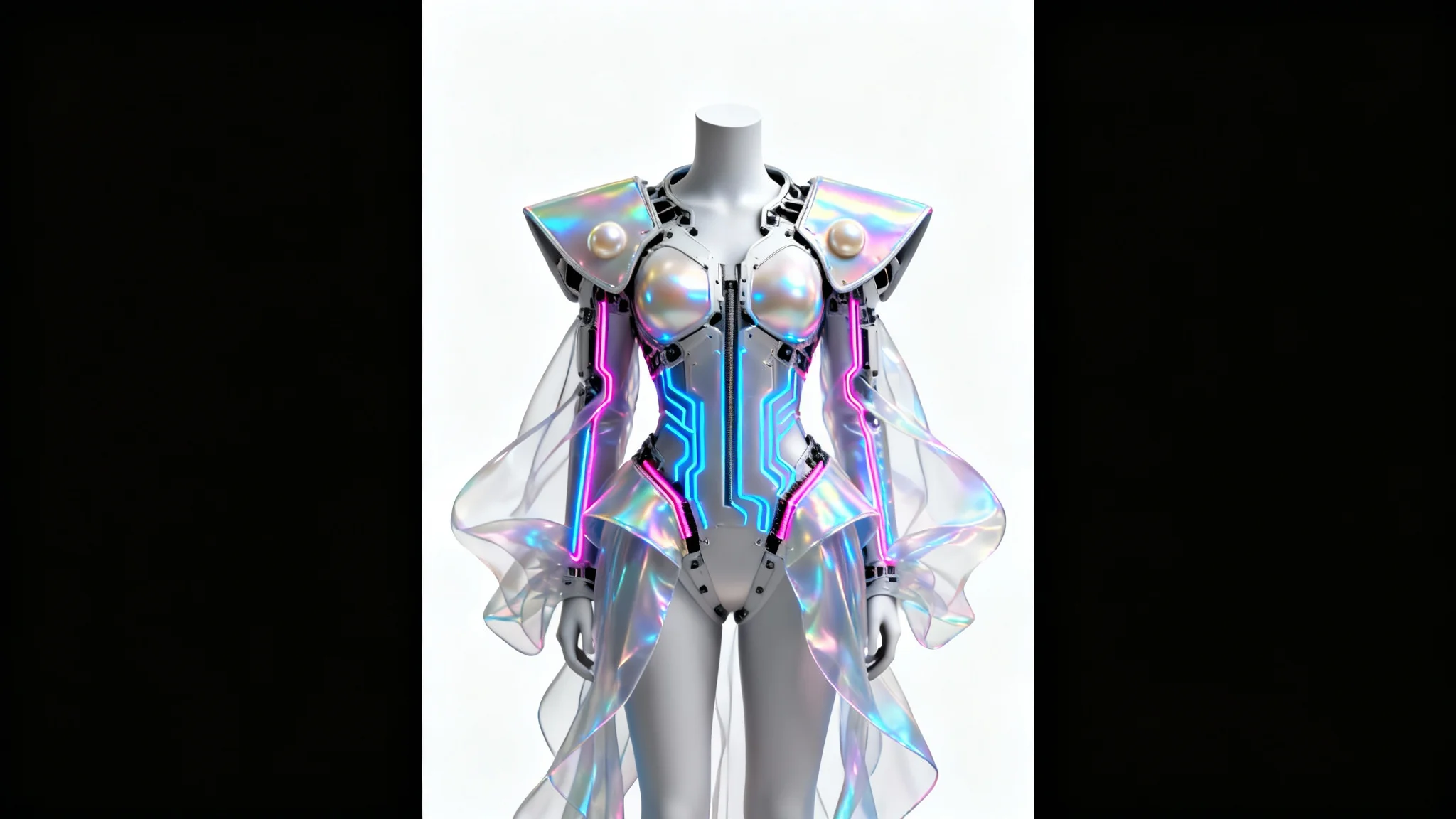 A photorealistic 3D render of a futuristic costume on a mannequin against a white background, showcasing the power of digital costume design with iridescent panels and glowing circuits.
