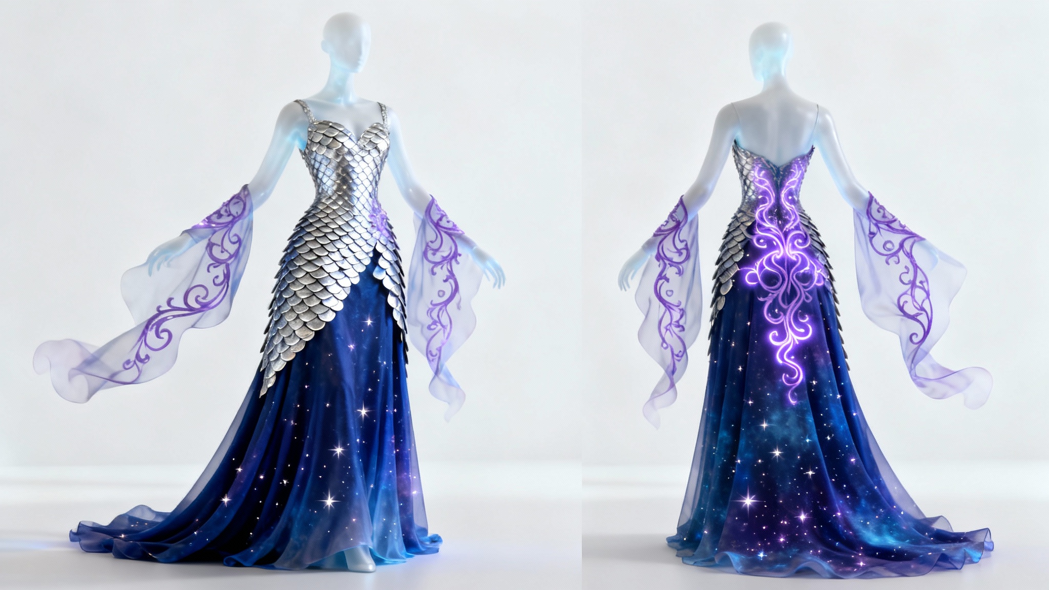 A digital costume design mockup of a fantasy queen's elaborate gown, featuring a silver-plated bodice and a star-dusted blue skirt, displayed on a mannequin against a white background.