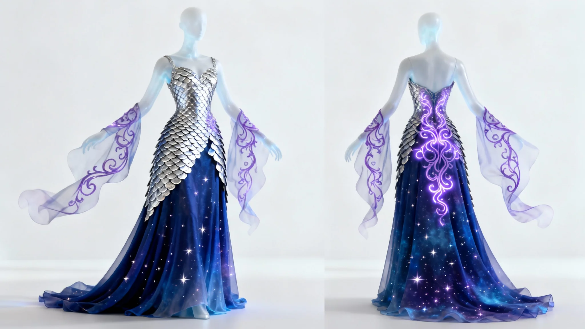 A digital costume design mockup of a fantasy queen's elaborate gown, featuring a silver-plated bodice and a star-dusted blue skirt, displayed on a mannequin against a white background.