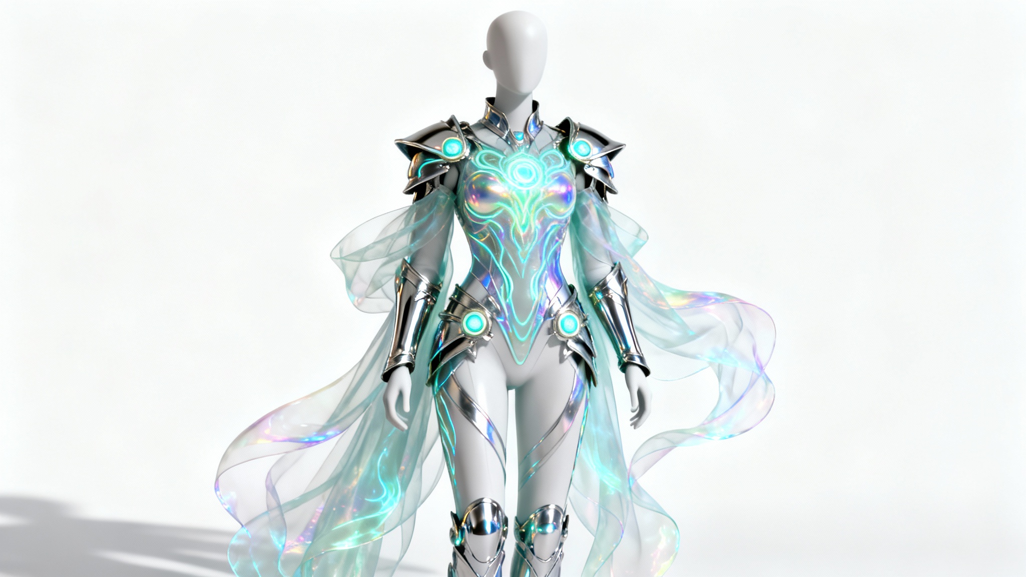 A hyper-realistic digital render of a futuristic fantasy costume with glowing elements, displayed on a mannequin against a white background to showcase digital costume design.
