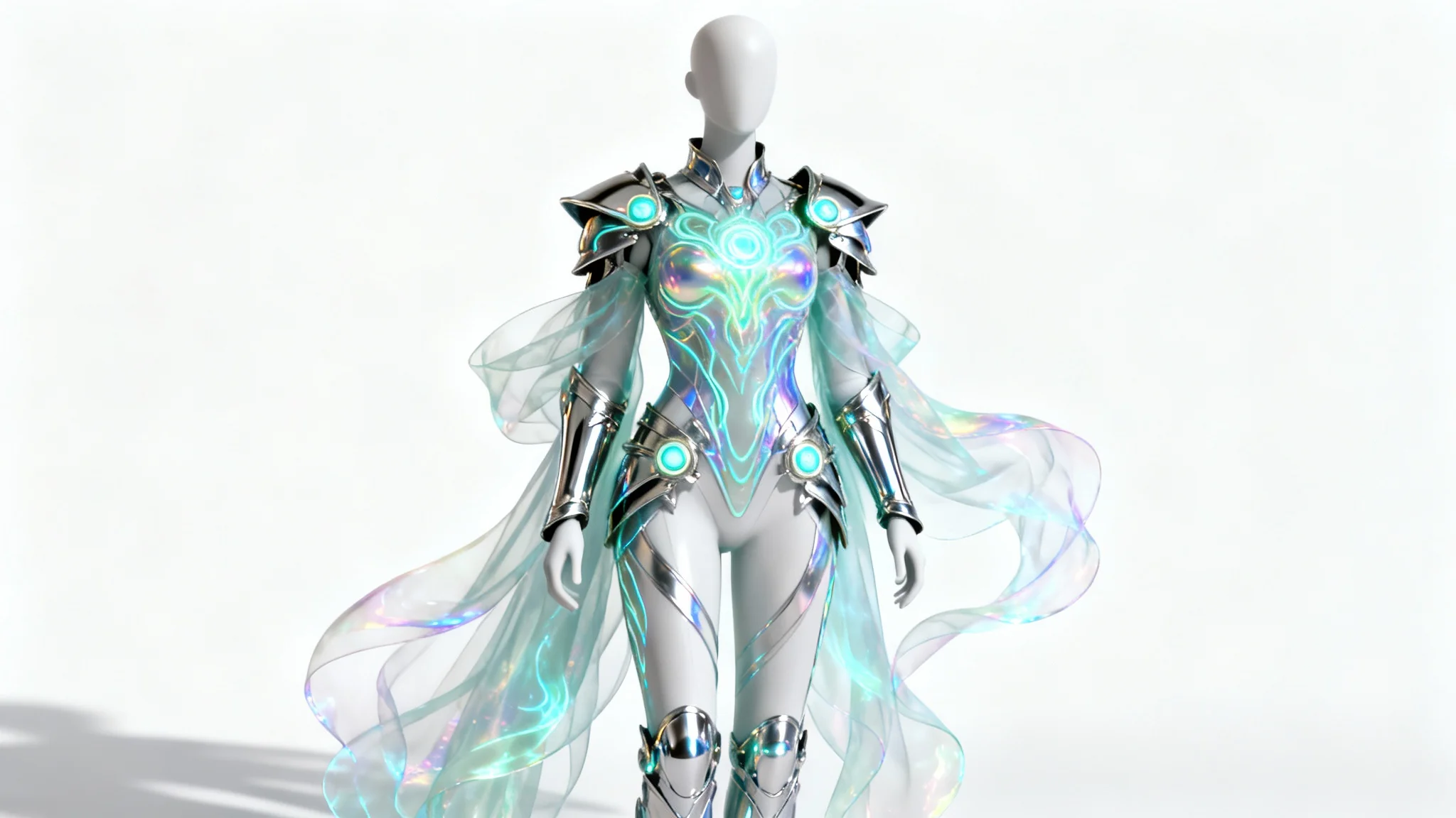 A hyper-realistic digital render of a futuristic fantasy costume with glowing elements, displayed on a mannequin against a white background to showcase digital costume design.