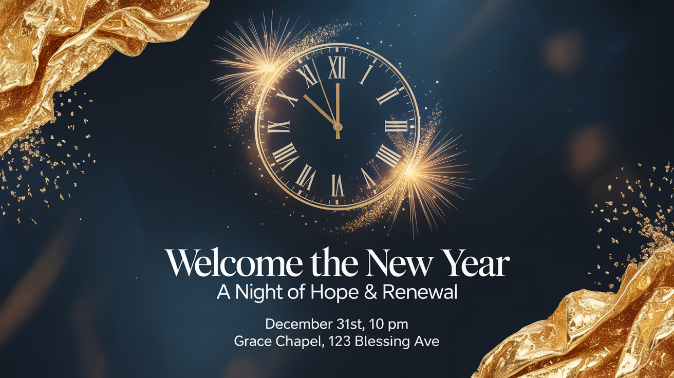 A modern and elegant church flyer for a New Year's service. It has a dark blue background with gold text and graphics, including a clock and fireworks. The main text reads 'Welcome the New Year'.