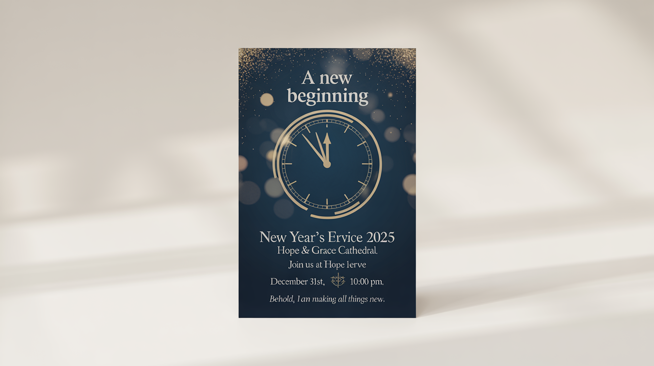 A mockup of a church New Year's flyer against a white background. The flyer is dark blue and gold, featuring a clock and text that reads 'A New Beginning, New Year's Eve Service 2025'.