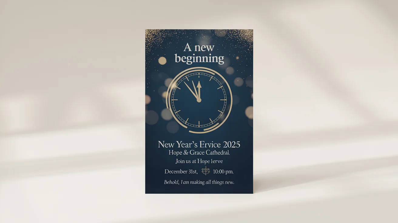 A mockup of a church New Year's flyer against a white background. The flyer is dark blue and gold, featuring a clock and text that reads 'A New Beginning, New Year's Eve Service 2025'.