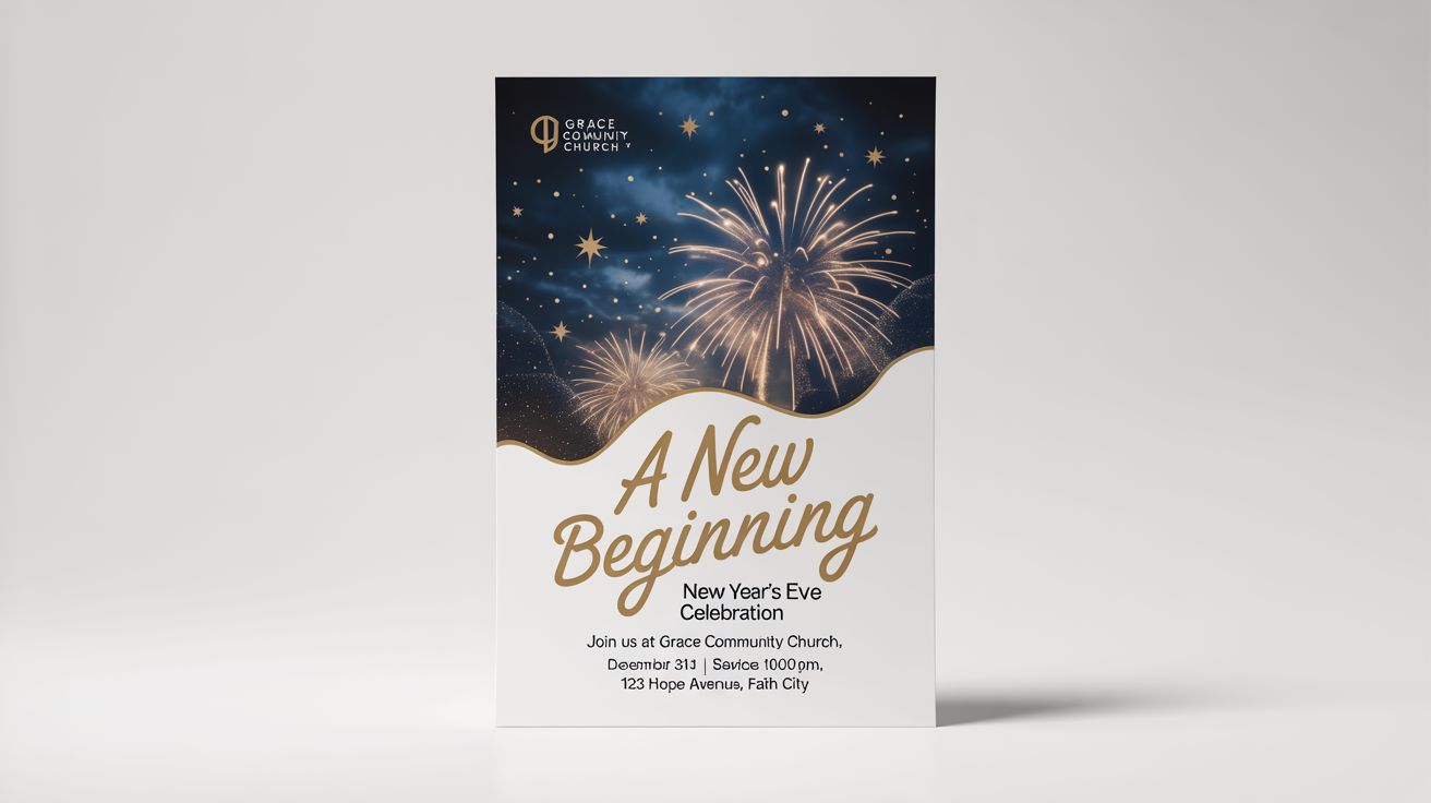 A mockup of a church flyer for a New Year's Eve event, shown on a white background. The flyer's design is dark blue with golden fireworks and features the title 'A New Beginning'.