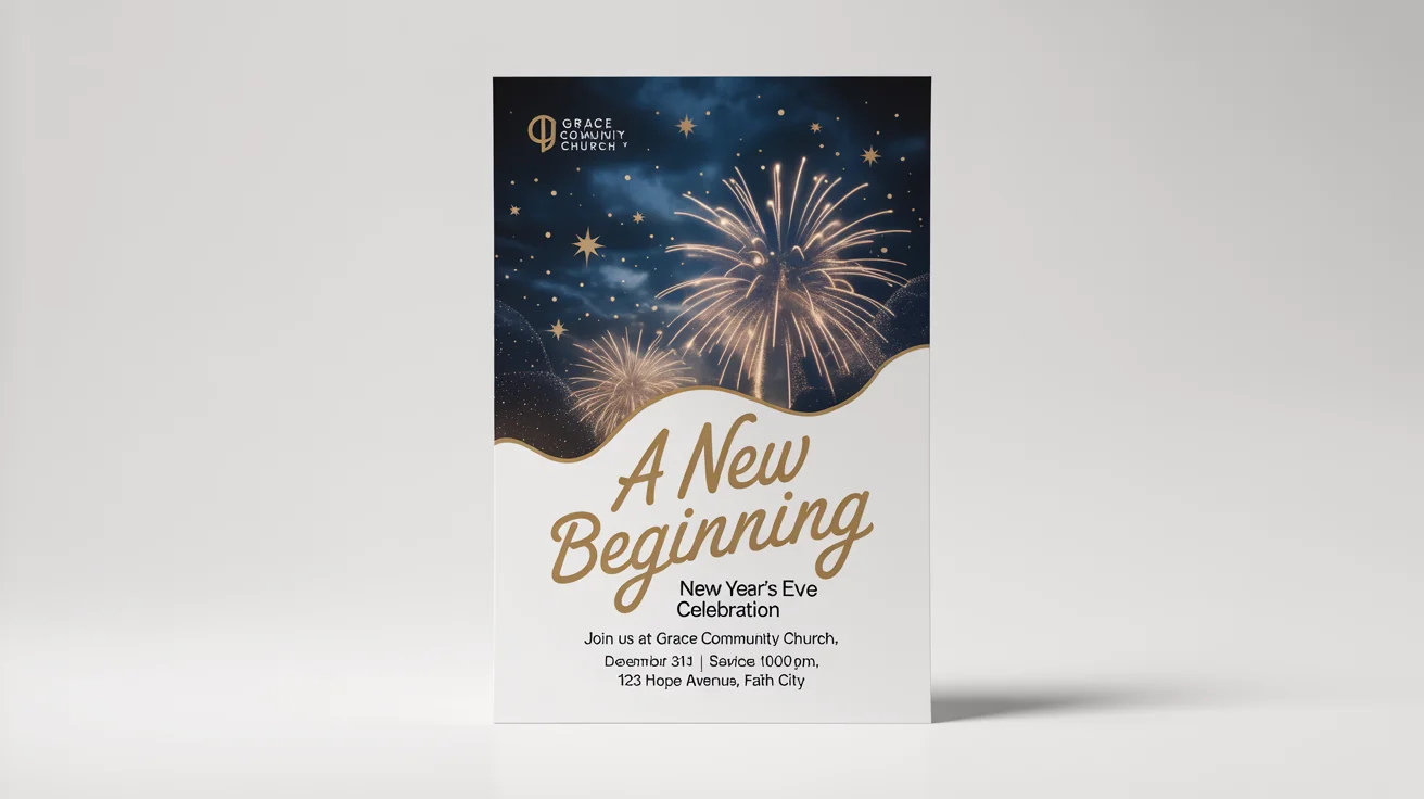 A mockup of a church flyer for a New Year's Eve event, shown on a white background. The flyer's design is dark blue with golden fireworks and features the title 'A New Beginning'.