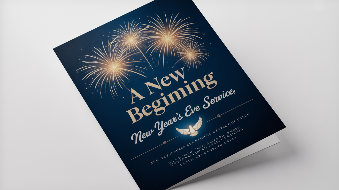A mockup of a church New Year's Eve flyer on a white background. The flyer is dark blue with gold fireworks and text that reads 'A New Beginning, New Year's Eve Service' at 'Grace Fellowship Church'.