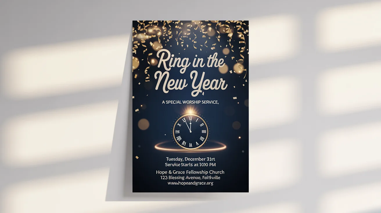 An elegant church New Year's flyer mockup against a white background, featuring a navy and gold design with a clock graphic and event details for a special service.