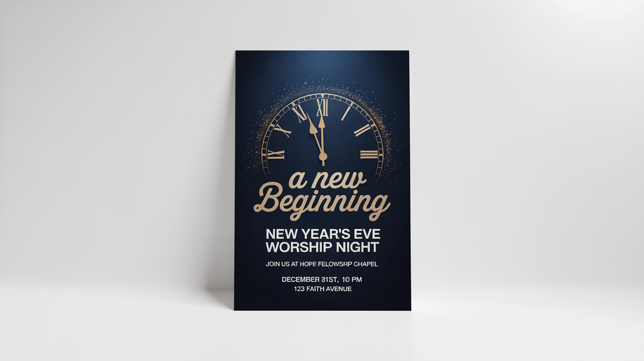 A mockup of an elegant church New Year's Eve flyer on a white background. The flyer is dark blue with gold and white text announcing a 'New Beginning' service.