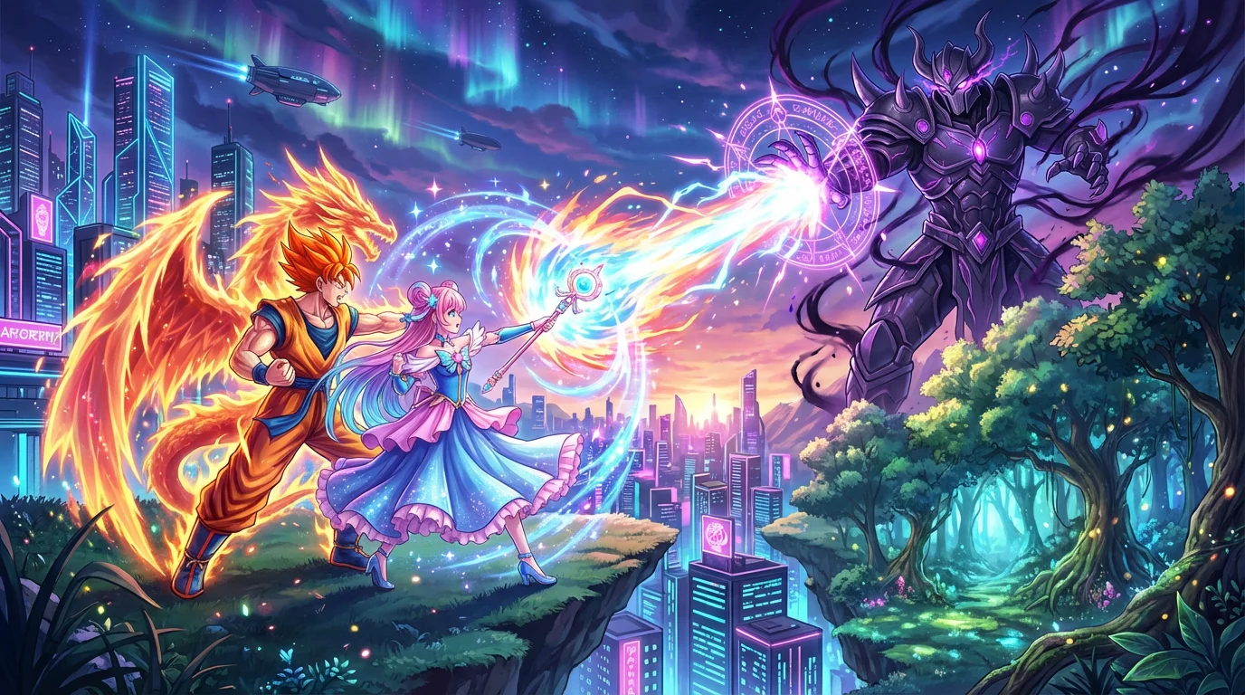 A high-quality, finished piece of anime crossover fanart showing a male hero with glowing power and a female magical girl fighting together in an epic battle against a large villain. The background is a mix of a futuristic city and a fantasy forest.