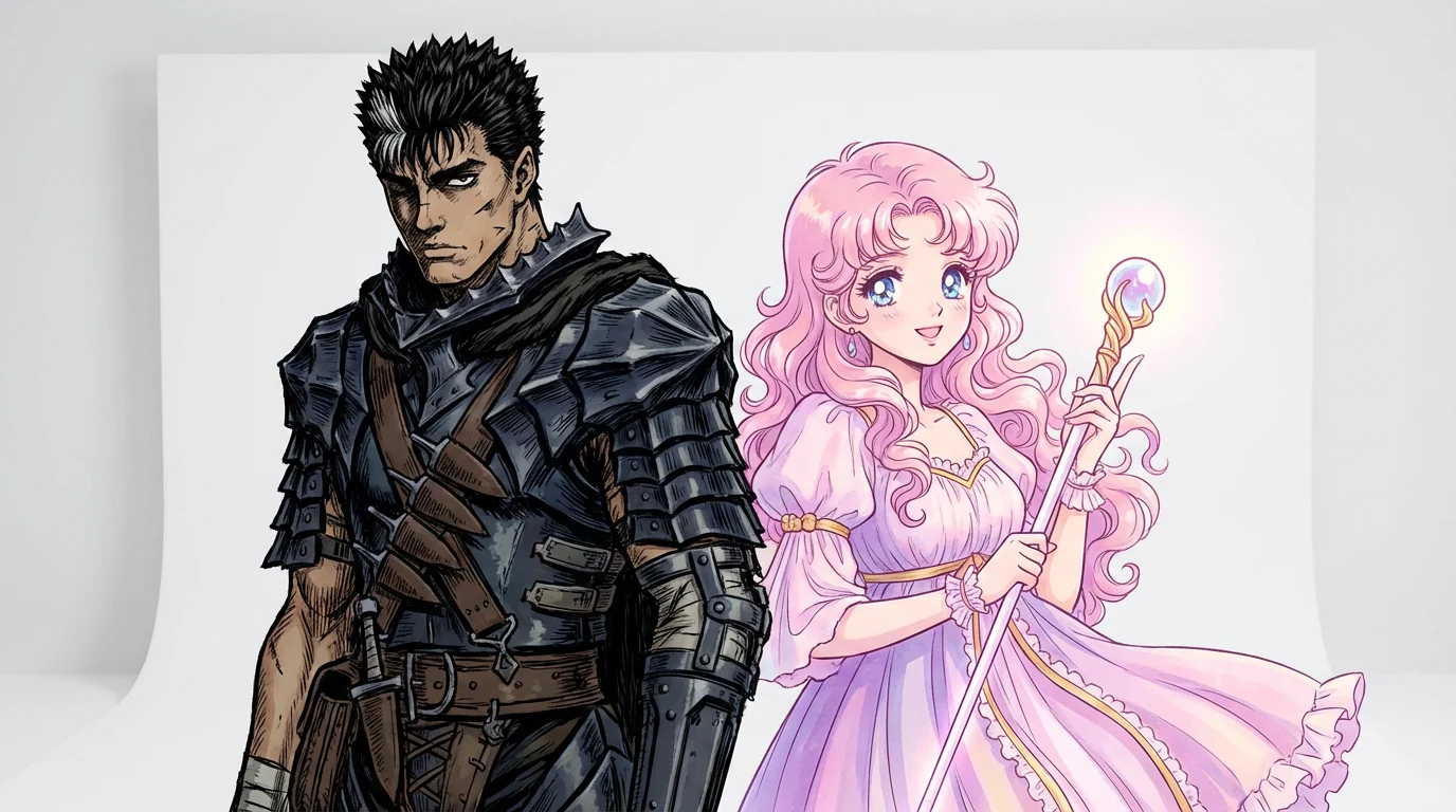 A digital anime illustration depicting a crossover, with a gritty, modern-style male warrior standing back-to-back with a cute, 90s-style magical girl on a plain white background, highlighting the contrast in art styles.