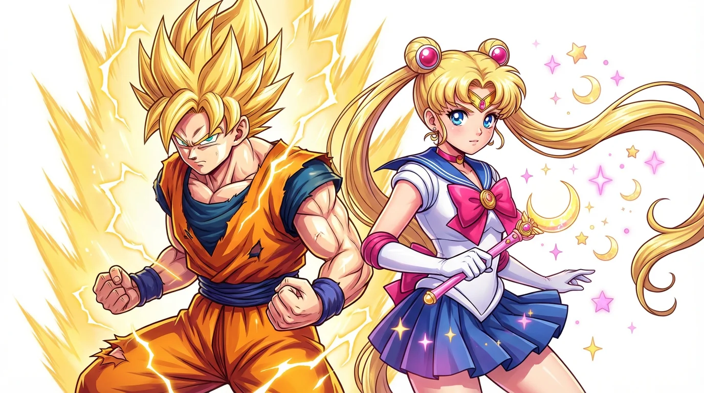 A high-quality digital anime artwork depicting a crossover between a male warrior with golden spiky hair and a magical girl with long blonde pigtails, standing back-to-back against a white background.