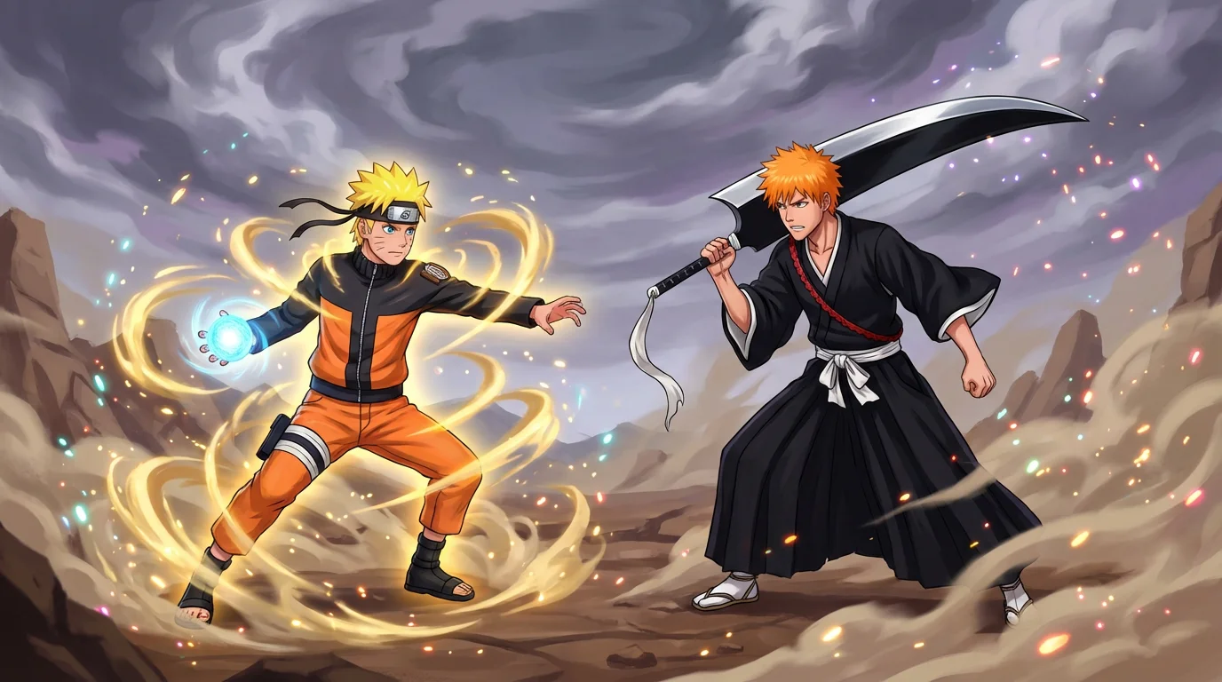 An anime crossover fanart illustration depicting two popular anime characters, one with blonde hair and an orange jumpsuit and the other with orange hair and a black kimono, facing off in a dynamic pose against a white background.