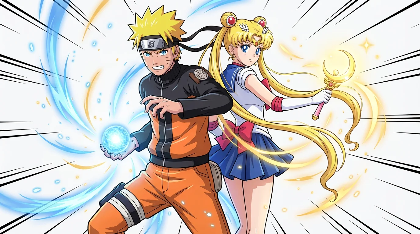 An anime crossover fanart illustration depicting a ninja hero and a magical girl hero standing back-to-back against a white background. The ninja holds a blue energy sphere, and the magical girl holds a glowing crescent wand, both ready for action.