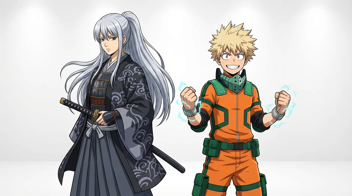 A digital fanart illustration of an anime crossover, featuring a silver-haired female samurai and a spiky-haired hero in an orange jumpsuit standing back-to-back against a plain white background.