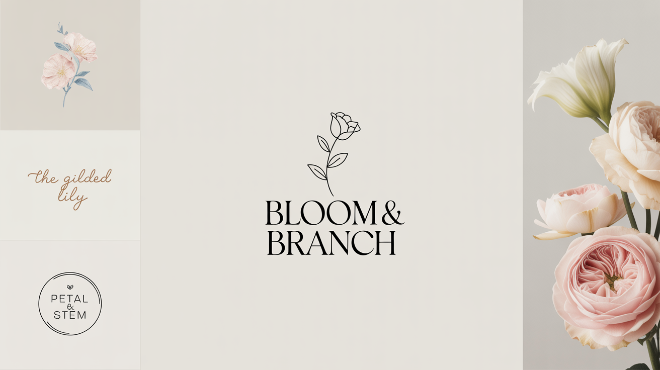A collection of three elegant floral logos for fictional brands, displayed on a clean background as a brand showcase. The central logo for 'Bloom & Branch' features a line art rose, while others show watercolor florals and a circular design.