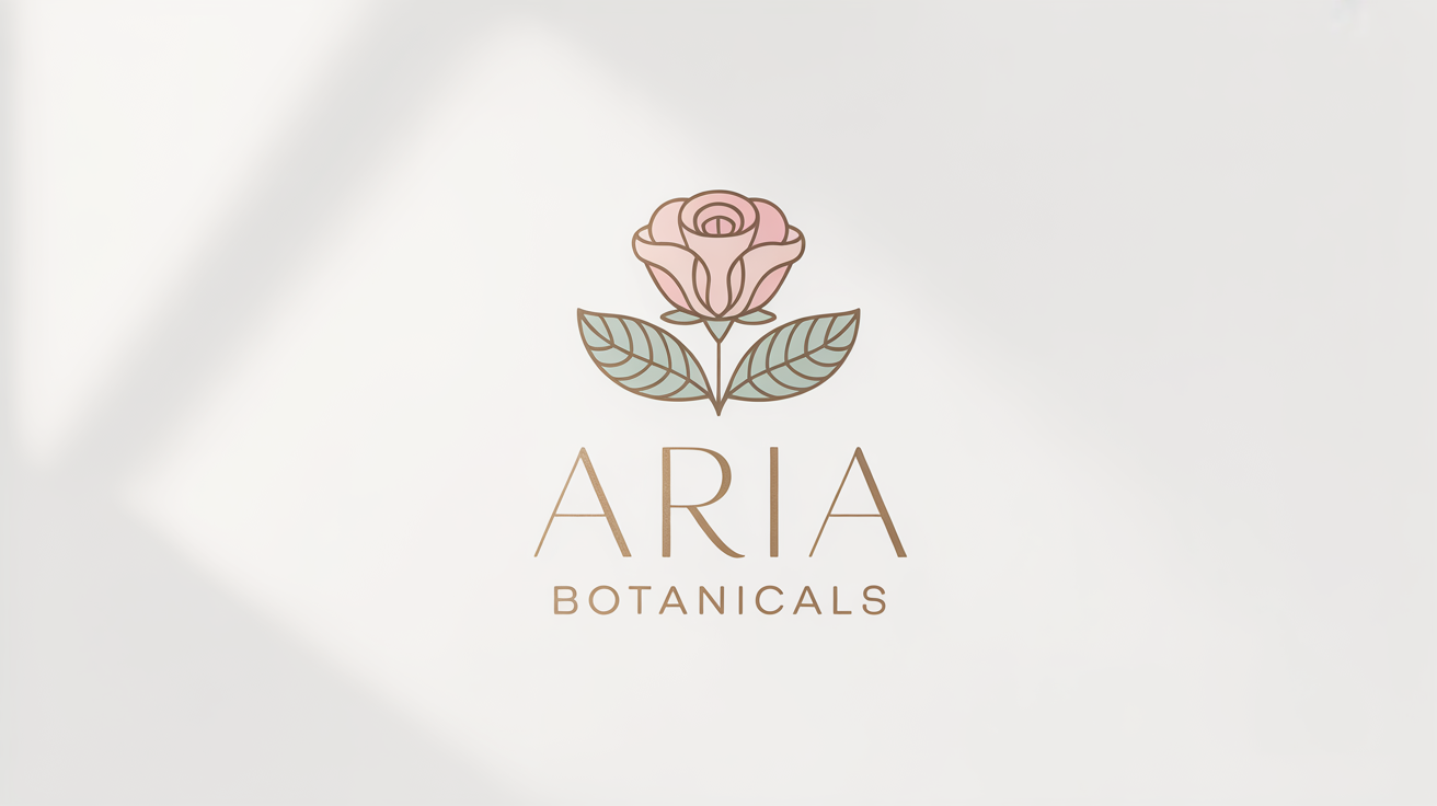An elegant floral logo mockup on a white background, featuring a minimalist pink and green rose illustration with gold accents above the brand name 'Aria Botanicals'.