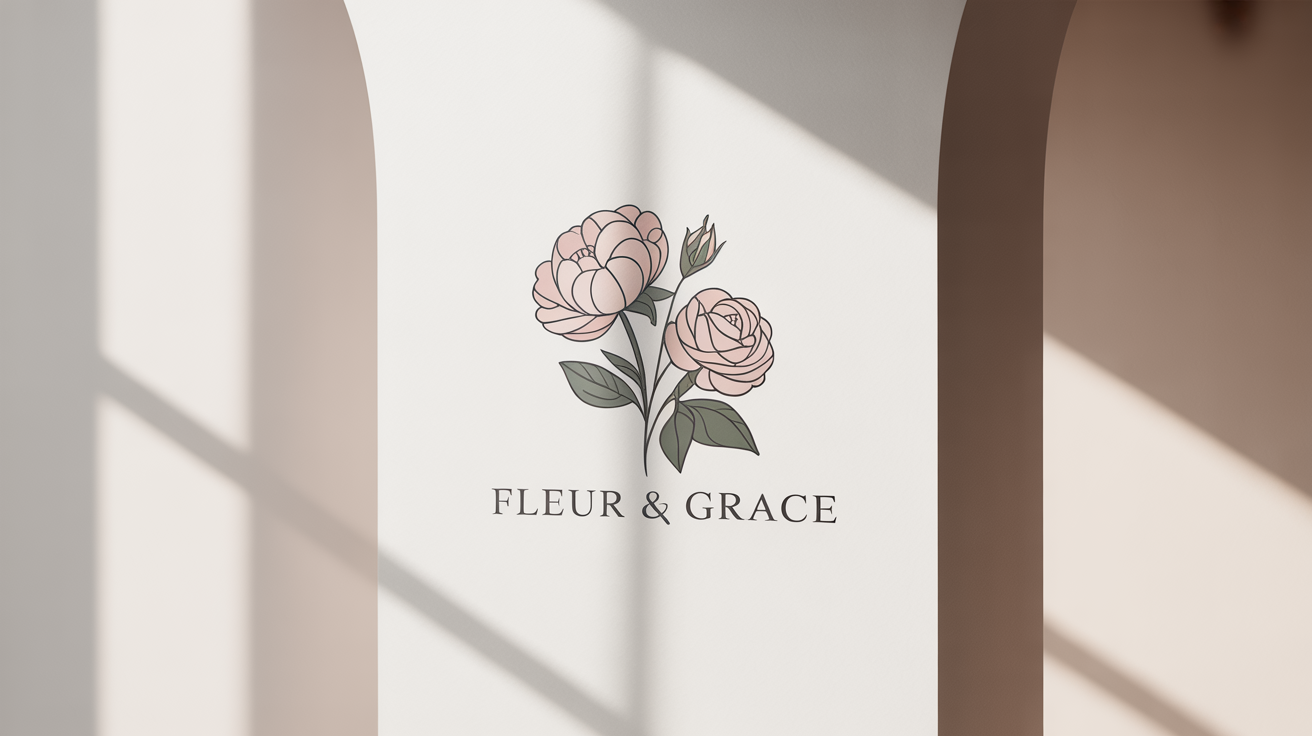 A professional mockup of a floral logo for the brand 'Fleur & Grace', featuring a minimalist drawing of a peony and rose on a white background.