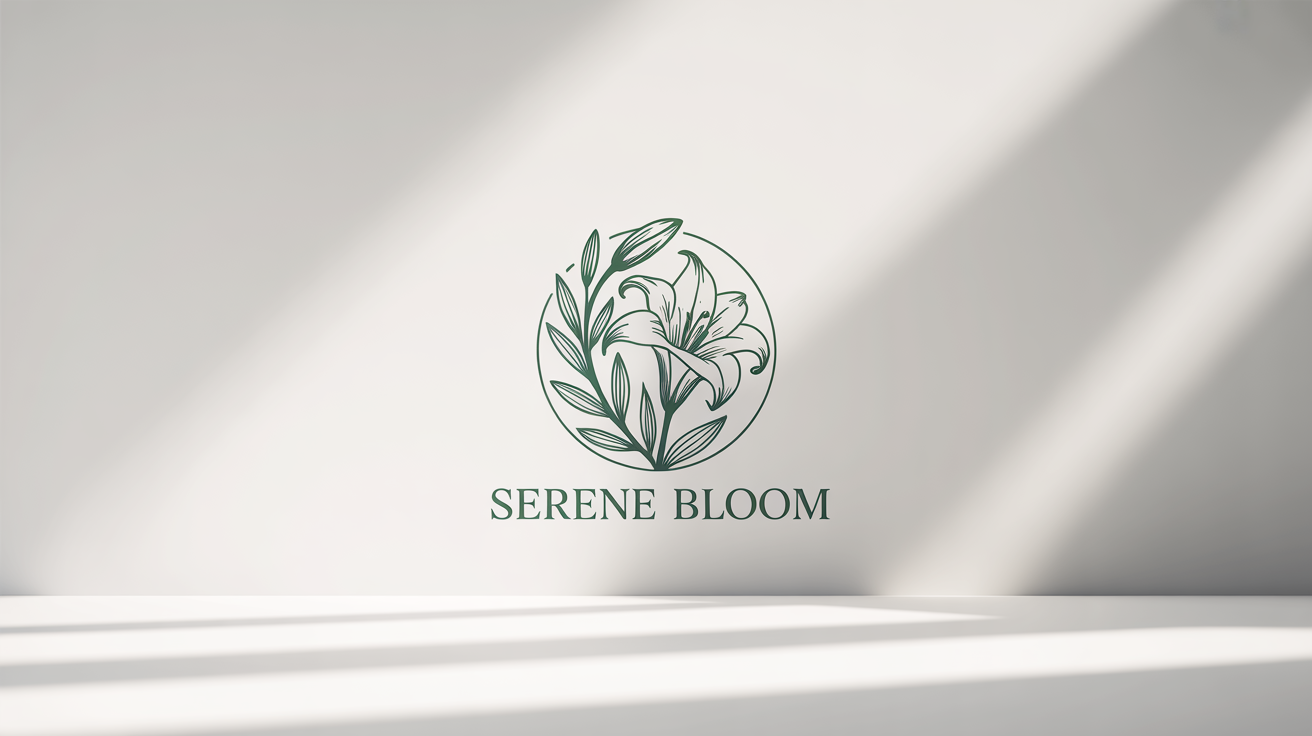 A minimalist, circular floral logo for 'Serene Bloom' in emerald green, featuring a lily and leaves on a clean white background.