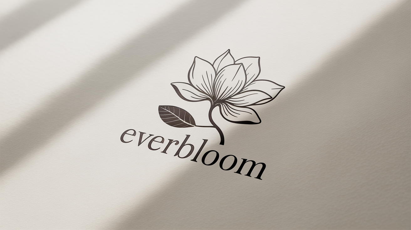 An elegant, minimalist floral logo for the brand 'Everbloom', featuring a charcoal gray line drawing of a magnolia flower on a clean white background.