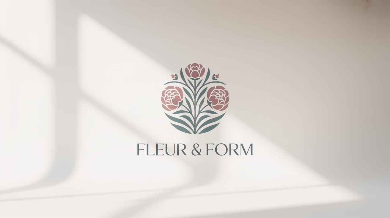 A modern and elegant floral logo mockup featuring stylized peony blossoms in dusty rose and sage green, with the text 'Fleur & Form' below it, all on a clean white background.