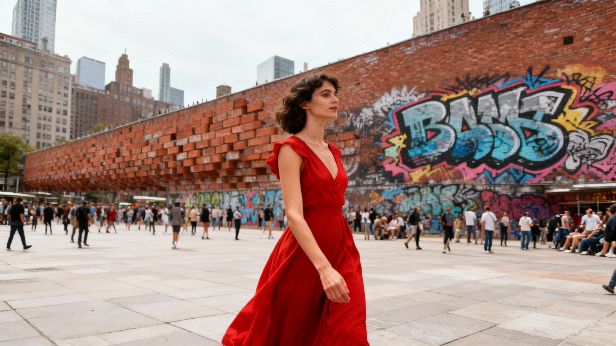 An eye-catching photo showing the result of a content-aware scale: a woman in a red dress is perfectly preserved while the city background behind her has been stretched horizontally to fit a wide aspect ratio.