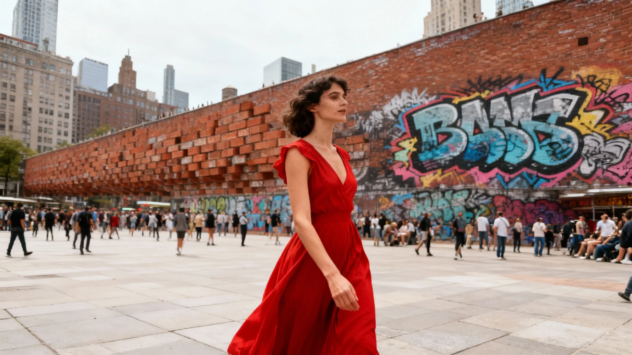 An eye-catching photo showing the result of a content-aware scale: a woman in a red dress is perfectly preserved while the city background behind her has been stretched horizontally to fit a wide aspect ratio.