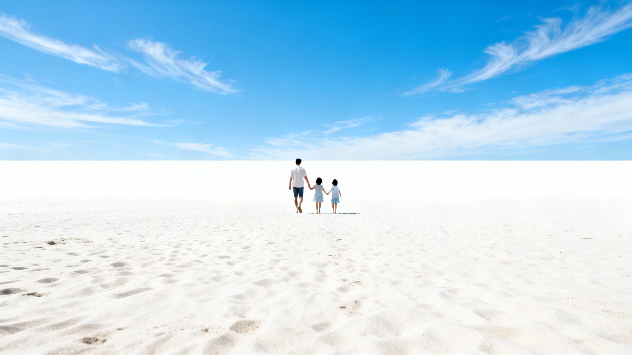 A photorealistic image demonstrating content-aware scaling, showing a family of three walking on a beach. The image is unnaturally wide, but the family is perfectly proportioned while the surrounding sand and sky are stretched to fill the panoramic space.