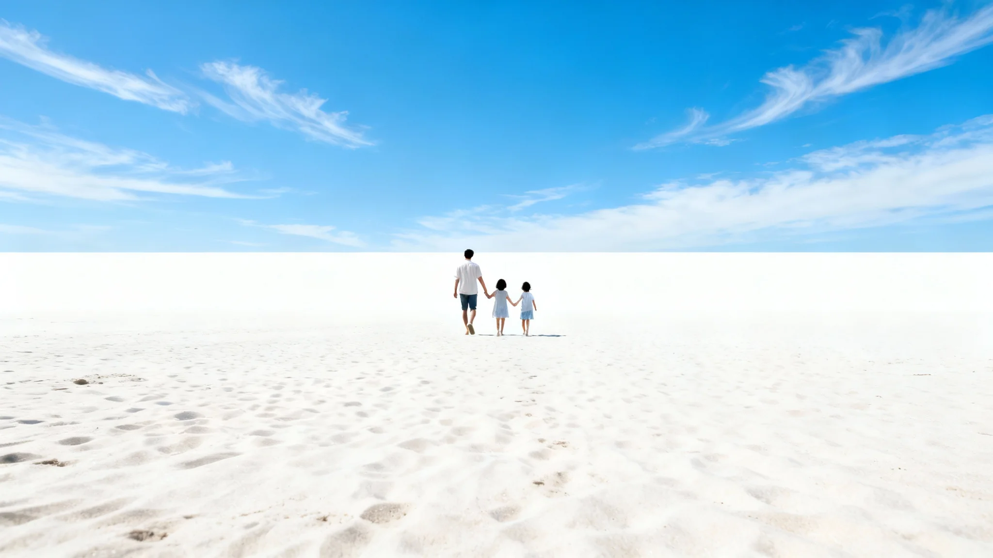 A photorealistic image demonstrating content-aware scaling, showing a family of three walking on a beach. The image is unnaturally wide, but the family is perfectly proportioned while the surrounding sand and sky are stretched to fill the panoramic space.