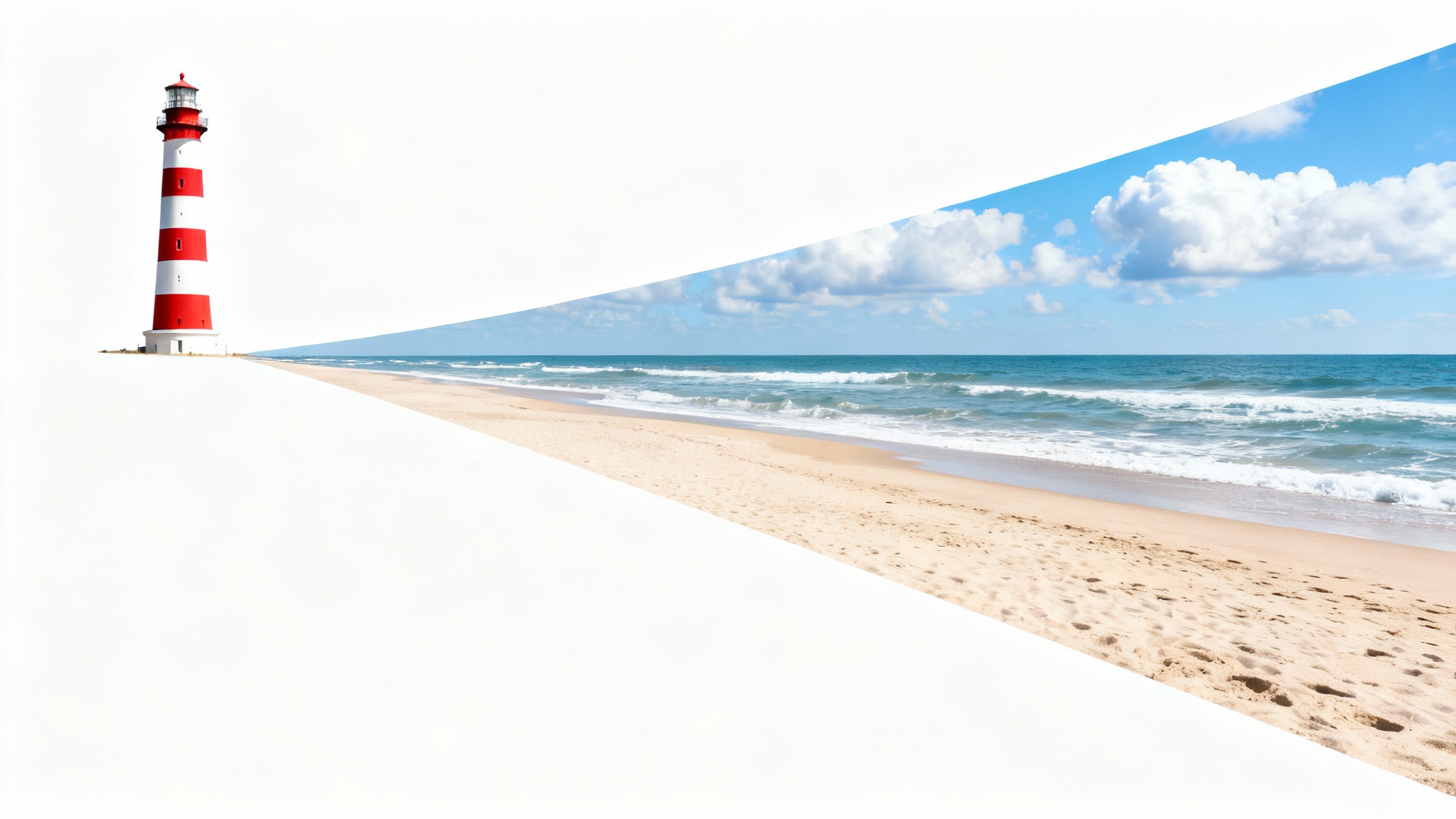 A visual representation of content-aware scaling, showing a wide beach photo where the lighthouse remains perfectly normal while the beach and sky are stretched horizontally to fill the space.