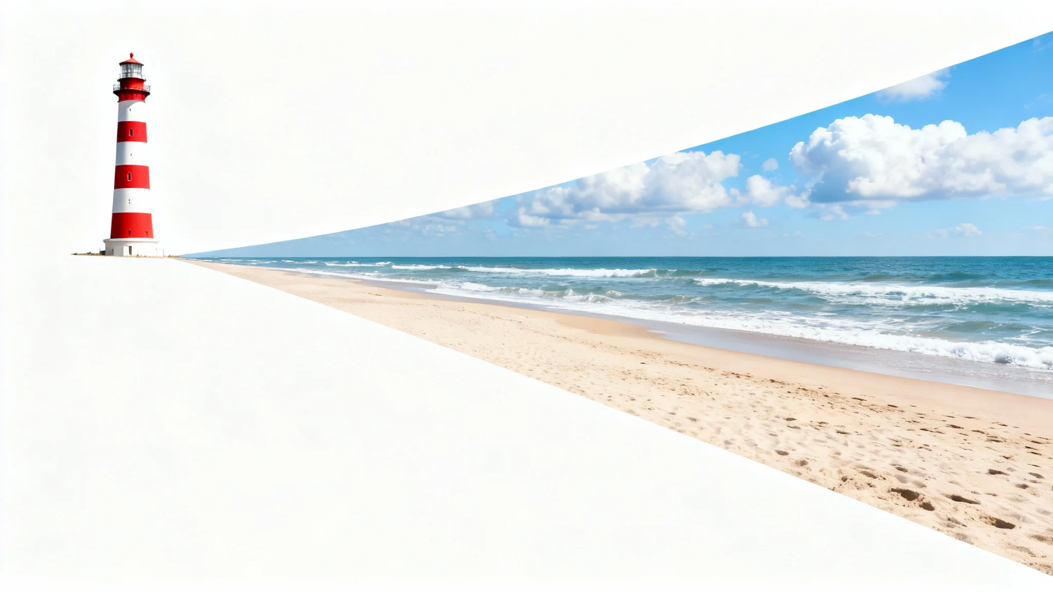 A visual representation of content-aware scaling, showing a wide beach photo where the lighthouse remains perfectly normal while the beach and sky are stretched horizontally to fill the space.