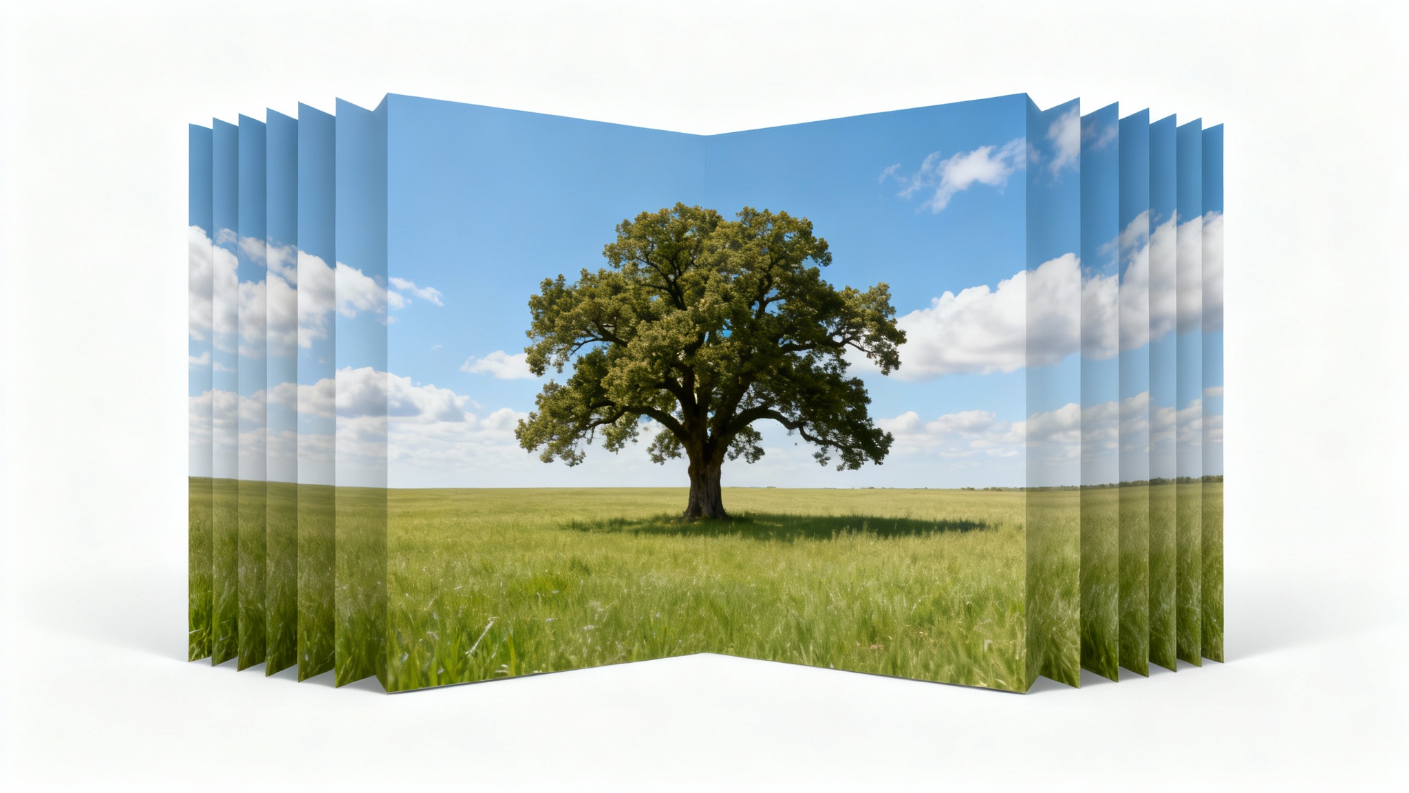 A visual metaphor for content-aware scaling, showing a landscape photo being compressed from the sides. The background field and sky are squeezed, but the central oak tree remains perfectly intact and undistorted.