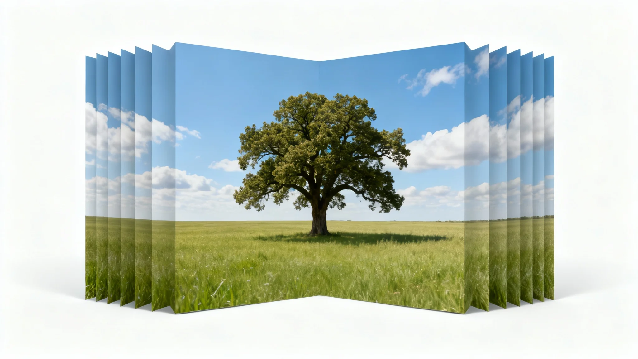 A visual metaphor for content-aware scaling, showing a landscape photo being compressed from the sides. The background field and sky are squeezed, but the central oak tree remains perfectly intact and undistorted.