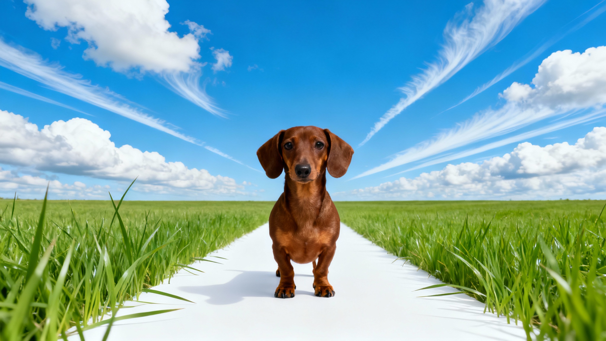 A humorous image demonstrating content-aware scaling, featuring a perfectly normal dachshund dog in the center of a background that has been comically stretched horizontally.