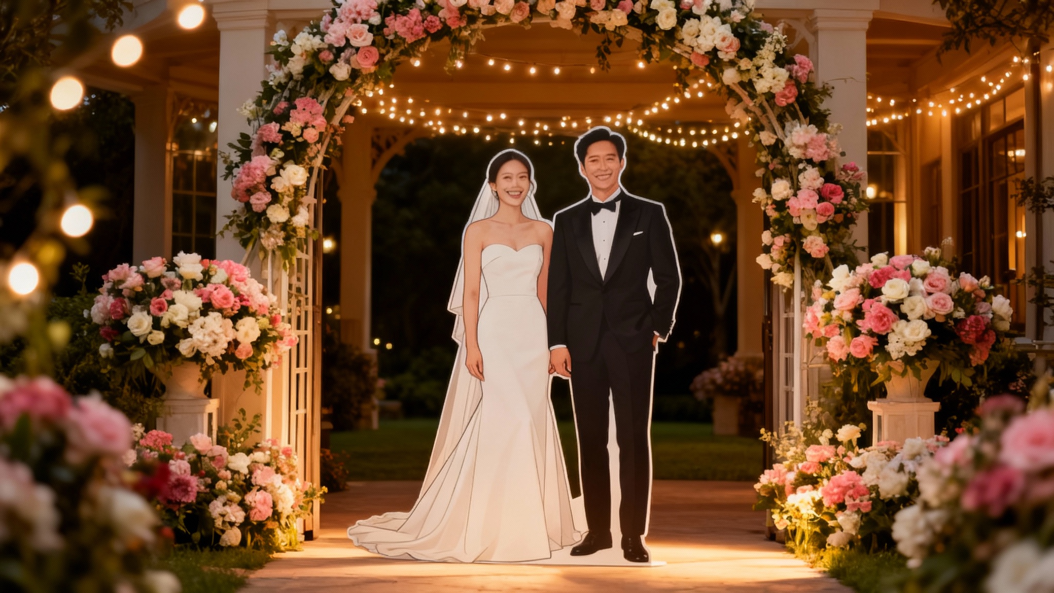 A life-sized cardboard standee of a bride and groom, representing a finished wedding standee design, placed in a beautifully decorated outdoor wedding venue with flowers and lights.