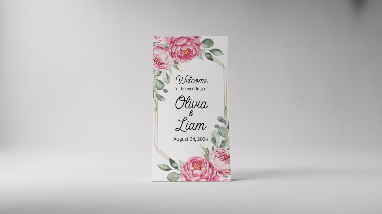 A mockup of an elegant wedding welcome standee against a white background, decorated with pink flowers and green leaves, with the text 'Welcome to the Wedding of Olivia & Liam, August 24, 2024'.