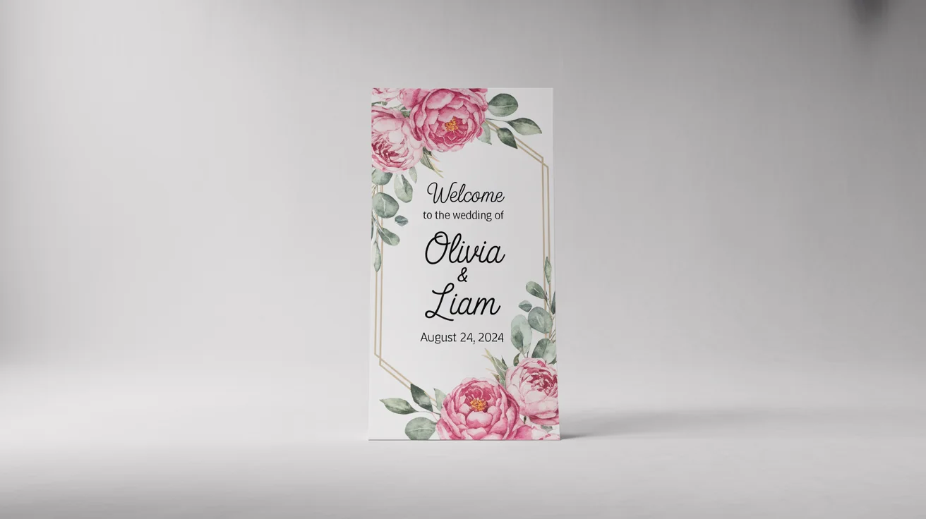 A mockup of an elegant wedding welcome standee against a white background, decorated with pink flowers and green leaves, with the text 'Welcome to the Wedding of Olivia & Liam, August 24, 2024'.