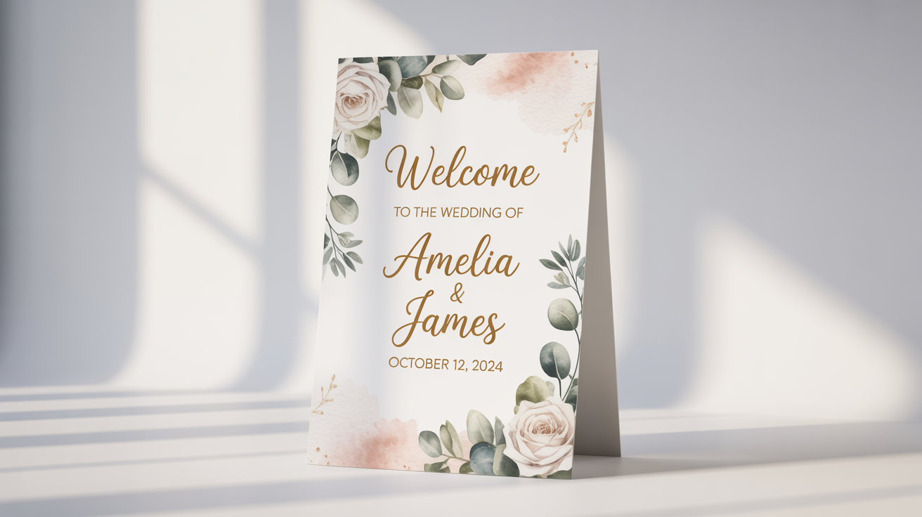 An elegant wedding welcome standee mockup on a white background, featuring floral designs and gold text that reads 'Welcome to the Wedding of Amelia & James, October 12, 2024'.