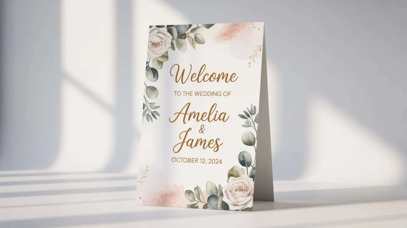 An elegant wedding welcome standee mockup on a white background, featuring floral designs and gold text that reads 'Welcome to the Wedding of Amelia & James, October 12, 2024'.