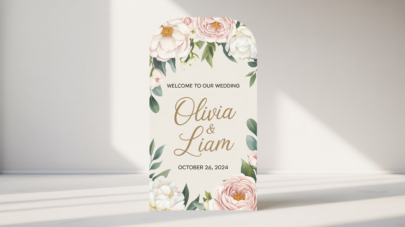 A photorealistic mockup of a modern wedding welcome standee against a white background, featuring the names 'Olivia & Liam' in gold script, the wedding date, and elegant floral watercolor decorations.