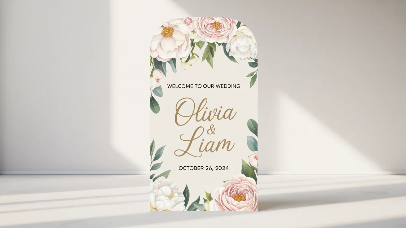 A photorealistic mockup of a modern wedding welcome standee against a white background, featuring the names 'Olivia & Liam' in gold script, the wedding date, and elegant floral watercolor decorations.
