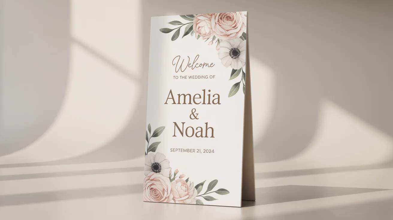 An elegant, white wedding standee mockup featuring floral designs and the fictional names 'Amelia & Noah' and a wedding date, set against a plain white background.