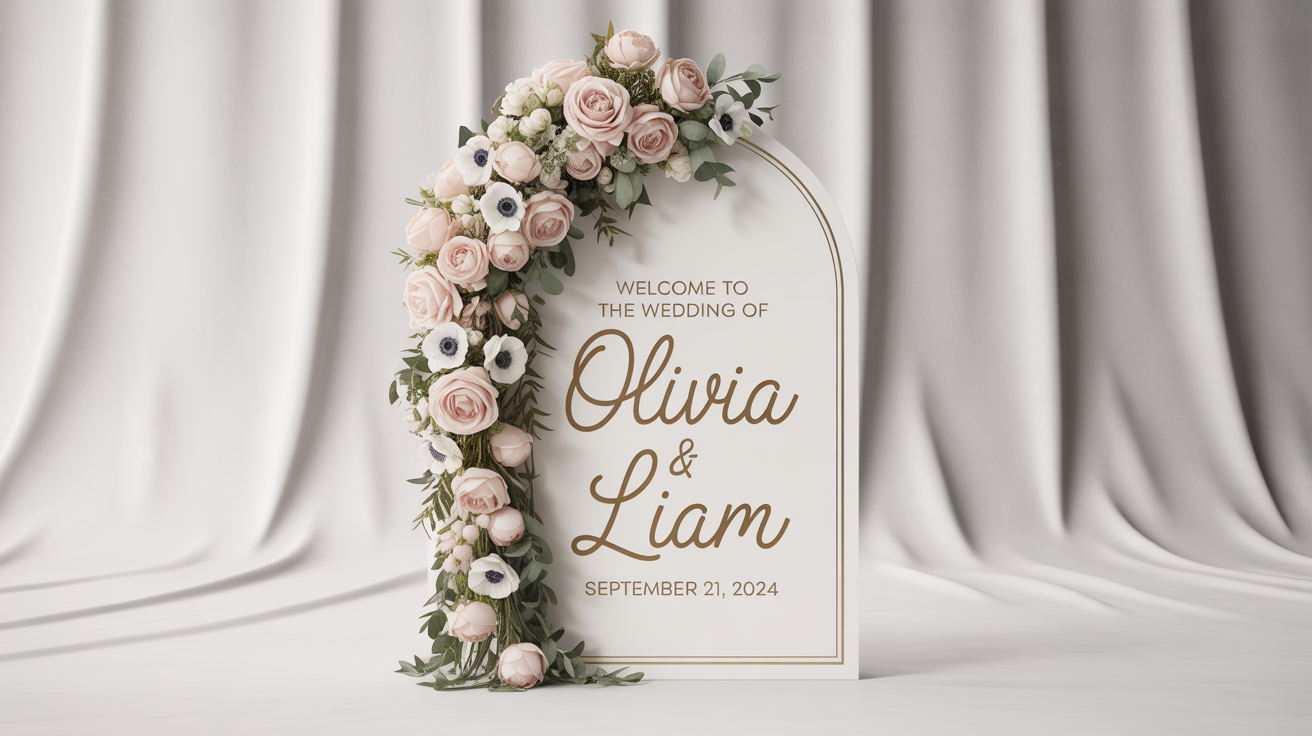 A mockup of a modern, arched wedding welcome standee with a watercolor floral design and gold text that reads 'Welcome to the Wedding of Olivia & Liam, September 21, 2024', set against a white background.