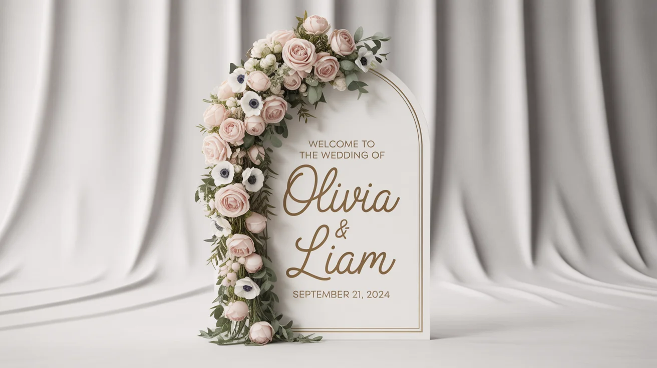 A mockup of a modern, arched wedding welcome standee with a watercolor floral design and gold text that reads 'Welcome to the Wedding of Olivia & Liam, September 21, 2024', set against a white background.