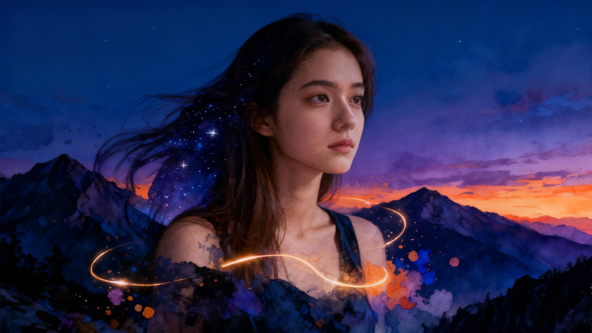 An artistic digital image mashup showing a woman's profile seamlessly blended with a mountain landscape at twilight, creating a surreal and beautiful composite artwork.
