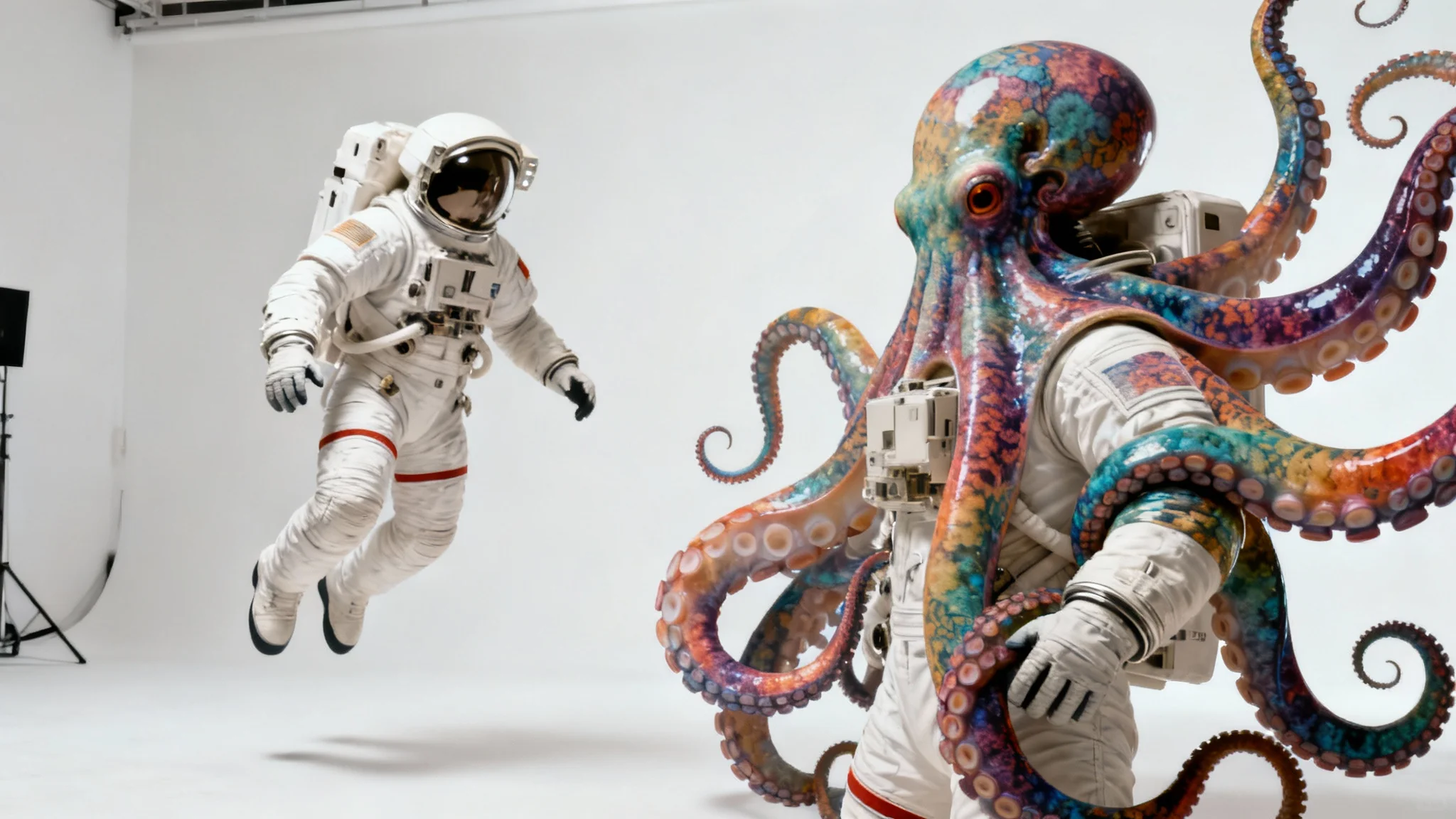 A creative image mashup showing an astronaut on the left side and a giant octopus on the right side, with their bodies seamlessly blended together against a plain white background.